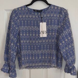 Zara Blue Embroidered Eyelet Long-Sleeve Blouse New With Tags